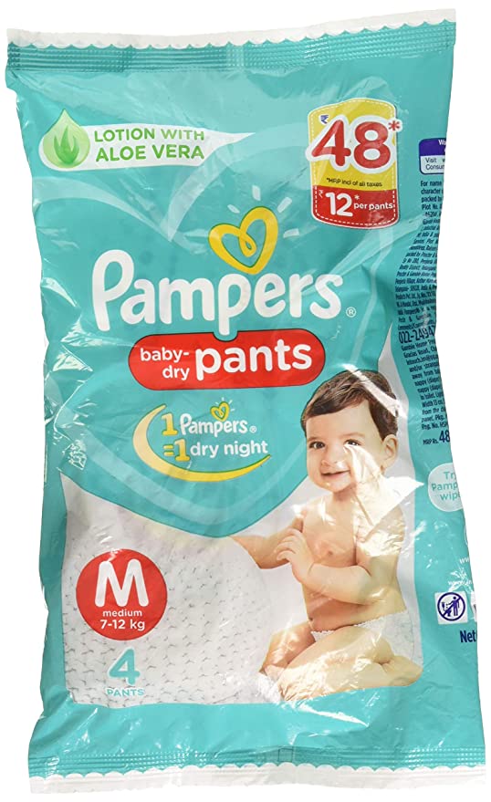 PAMPERS (MEDIUM 7-12kg)LOTION WITH ALOE VERA BABY DIAPER 4PANTS  IN 1PACK